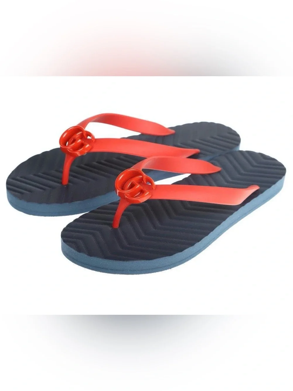 Gucci Men's Navy Footbed with Red double G Strap Logo Flip Flops